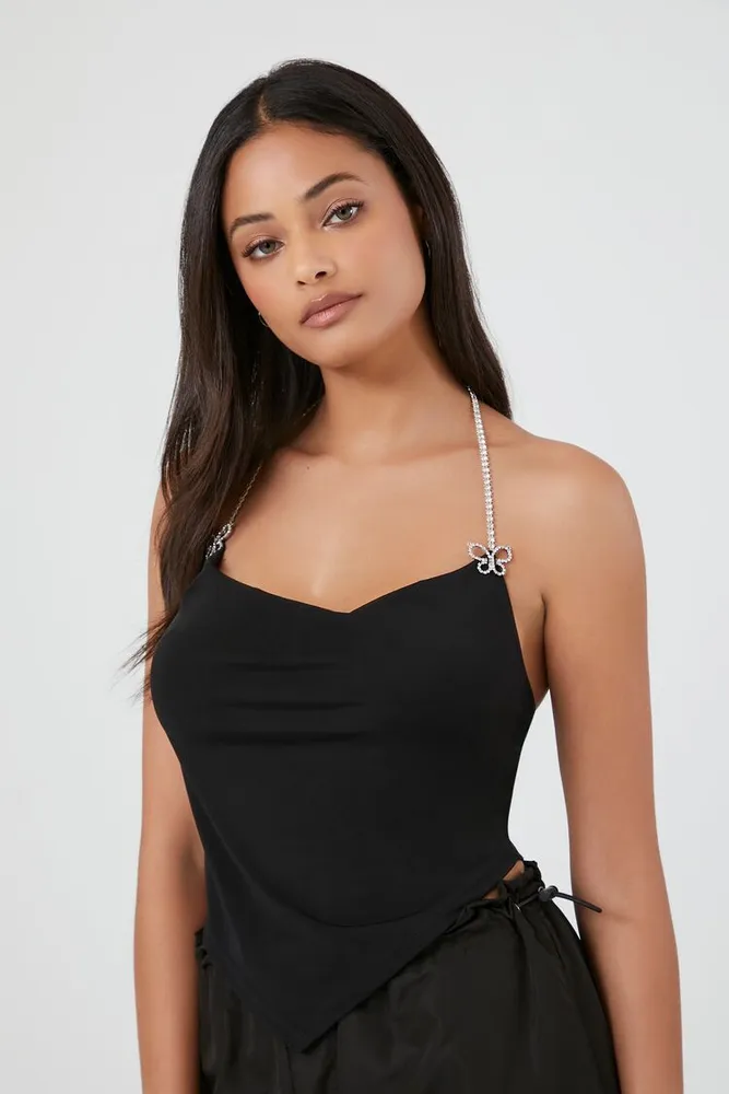 Women's Butterfly Rhinestone Cowl Cami in Black Small