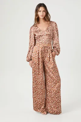 Women's Satin Polka Dot Wide-Leg Pants in Brown, XS