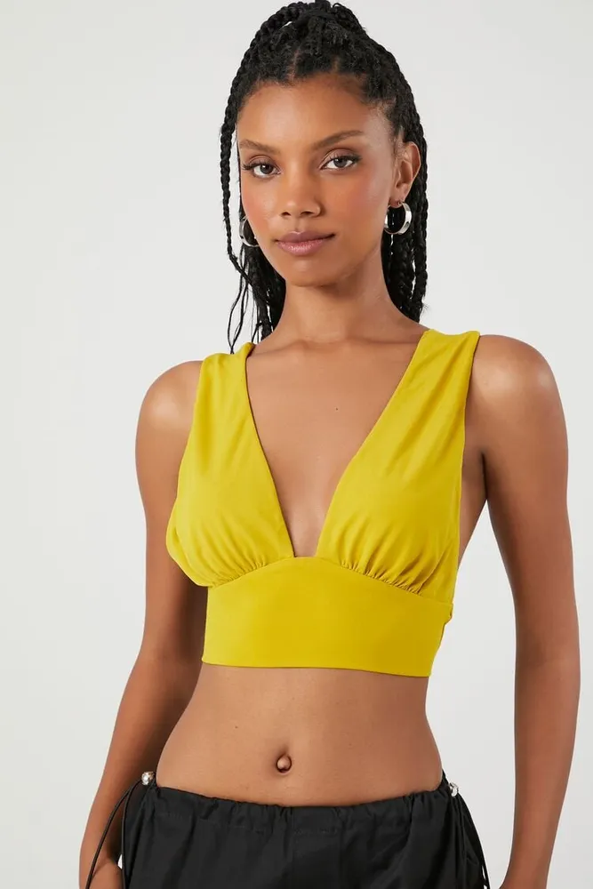 Women's Plunging Tie-Back Crop Top in Olivine Large