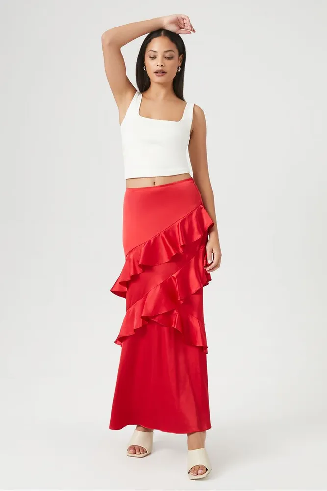 Women's Chiffon Ruffle-Trim Maxi Skirt Red