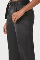 Women's Satin Belted Straight-Leg Pants in Black, XL