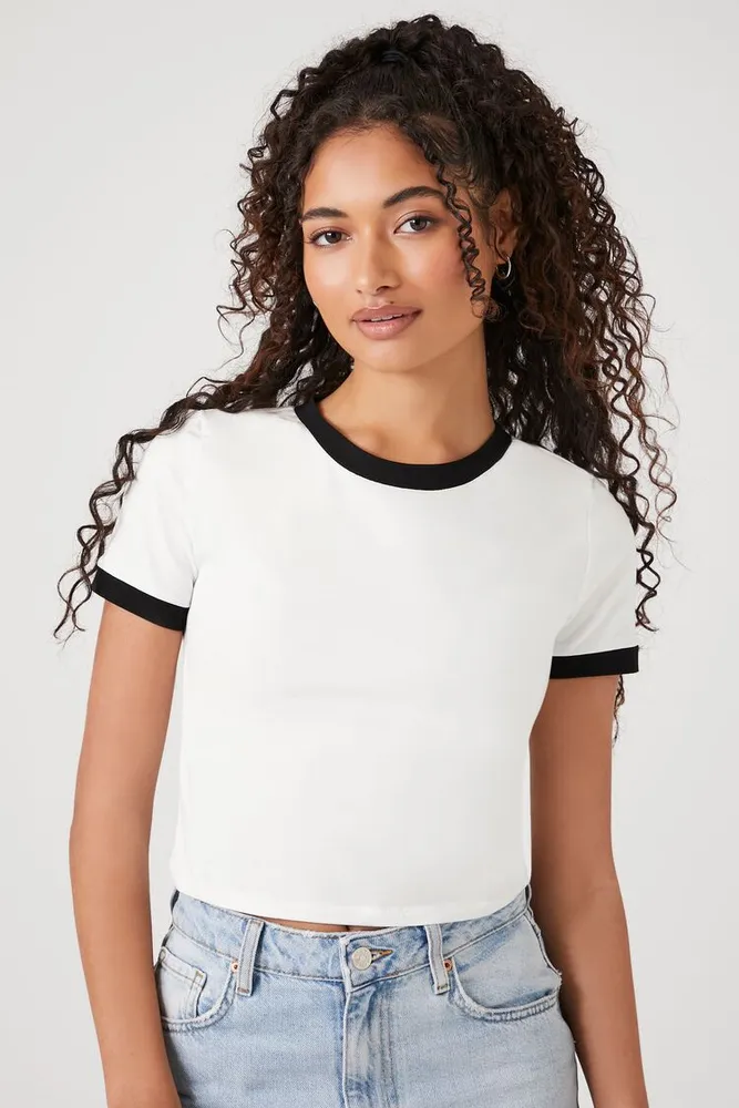 Women's Cropped Ringer T-Shirt in White/Black Small