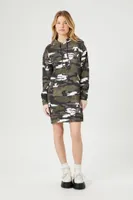 Women's Fleece Camo Print Hoodie Dress in Olive Large