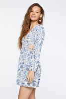 Women's Floral Print Cutout Midi Dress in White/Blue Large