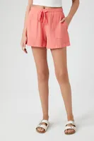 Women's Textured Drawstring Pull-On Shorts in Coral Large