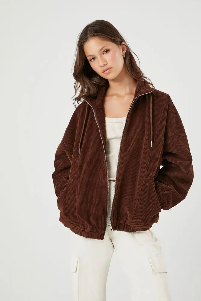 Women's Corduroy Drawstring Bomber Jacket in Brown, XS