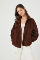 Women's Corduroy Drawstring Bomber Jacket in Brown, XS