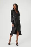 Women's Satin Wrap Ruffle Midi Dress in Black, XS