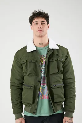 Men Faux Shearling Cargo Trucker Jacket in Olive/Cream Medium