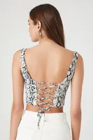 Women's Snake Print Lace-Up Crop Top White