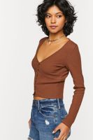 Women's V-Neck Button-Front Crop Top in Chocolate Small