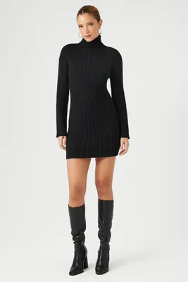 Women's Turtleneck Mini Sweater Dress in Black, XL