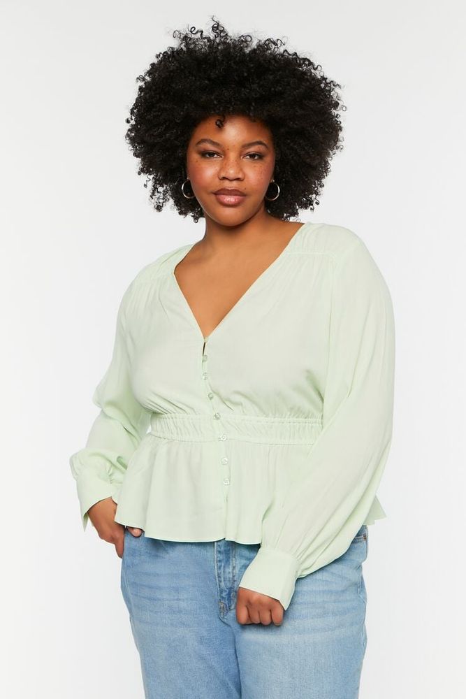 Women's V-Neck Flounce-Hem Top in Pistachio, 1X