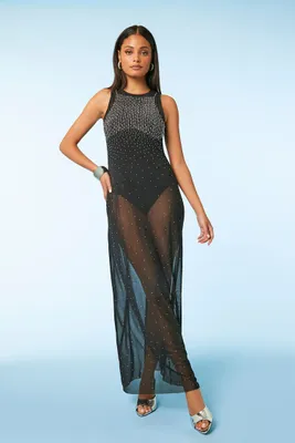 Women's Sheer Mesh Rhinestone Maxi Dress in Black/Silver, XS