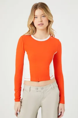 Women's Colorblock Crew Crop Top in Tigerlily/Vanilla Medium