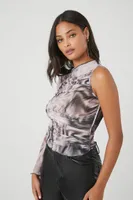 Women's Abstract Print One-Sleeve Mesh Top in Grey, XS