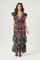 Women's Ornate Floral Tiered Ruffle Maxi Dress in Blue/Orange Small