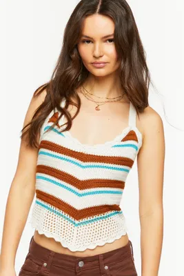 Women's Striped O-Ring Scalloped Crop Top in Brown Large