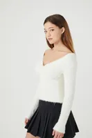 Women's Twisted Fuzzy Knit Sweater in Cream Large