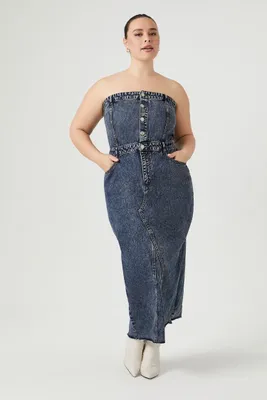 Women's Denim Strapless Maxi Dress in Medium Denim, 3X