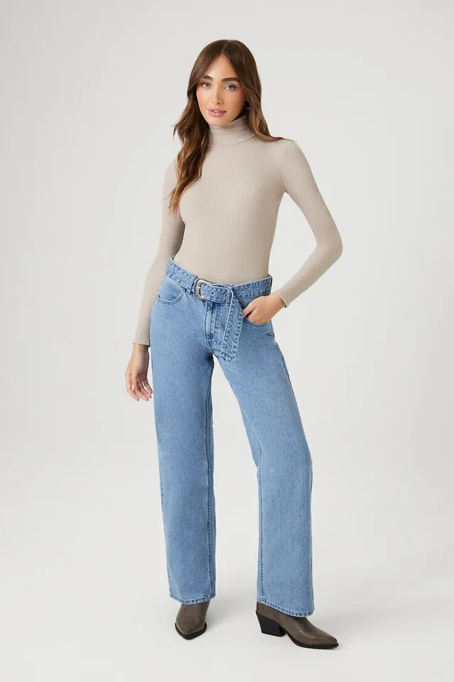 Forever 21 Women's Belted High-Rise Mom Jeans in Medium Denim, XS