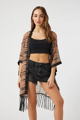 Women's Chiffon Fringe Zebra Print Kimono in Taupe/Black Small