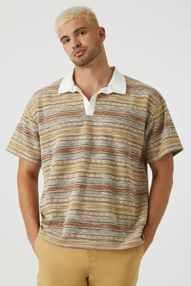 Men Geo Striped Polo Shirt in Taupe, XL