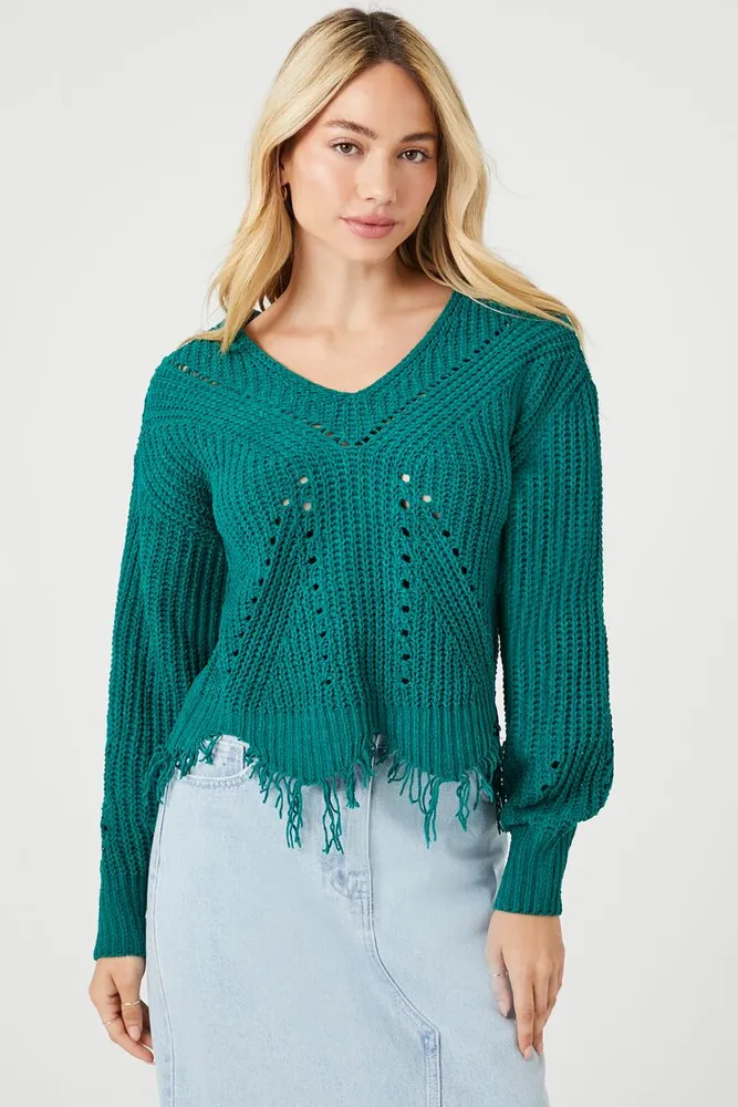 Women's Distressed Sharkbite Cutout Sweater in Green Medium