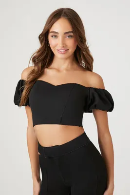 Women's Puff-Sleeve Sweetheart Crop Top Black