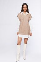 Women's Sweater Vest & Shirt Combo Dress in Tan/White, XS