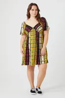 Women's Plaid Puff-Sleeve Mini Dress in Yellow, 1X