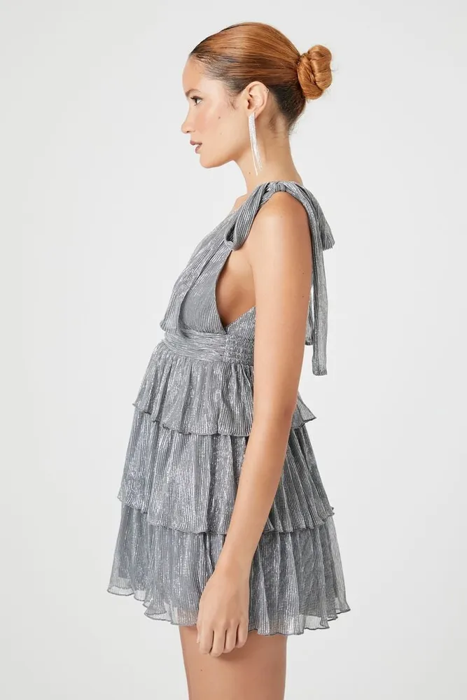 Women's Metallic Ruffle Mini Dress in Silver Small