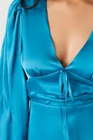 Women's Plunging Satin Tie-Front Mini Dress in Teal Medium