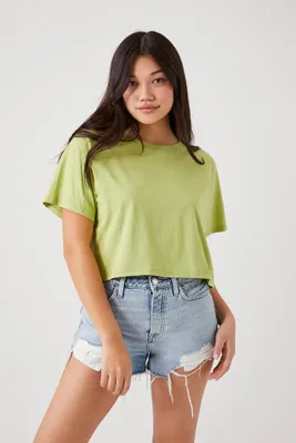 Women's Cropped Boxy Raglan T-Shirt in Olive Large