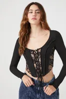 Women's Lace-Up Lace Crop Top in Black Small