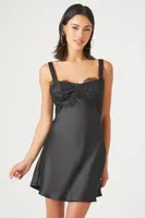 Women's Satin Lace-Trim Mini Slip Dress in Black Small