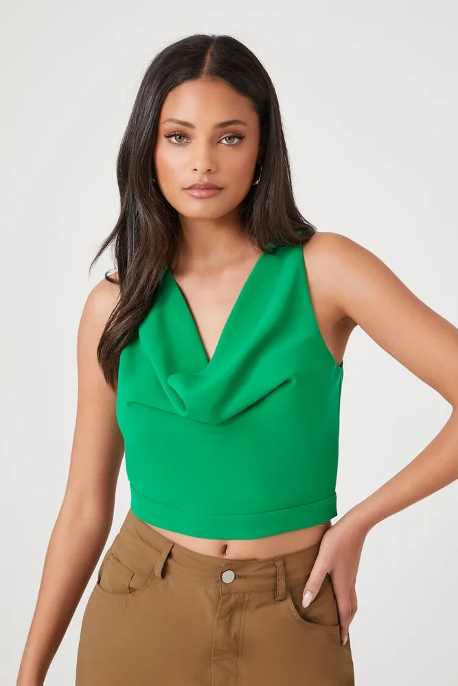 Women's Cowl-Neck Crop Top in Green Small