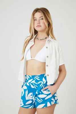 Women's Tropical Leaf Print Drawstring Shorts in Blue Small