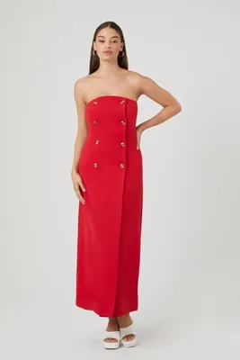Women's Double-Breasted Strapless Maxi Dress in Red Small