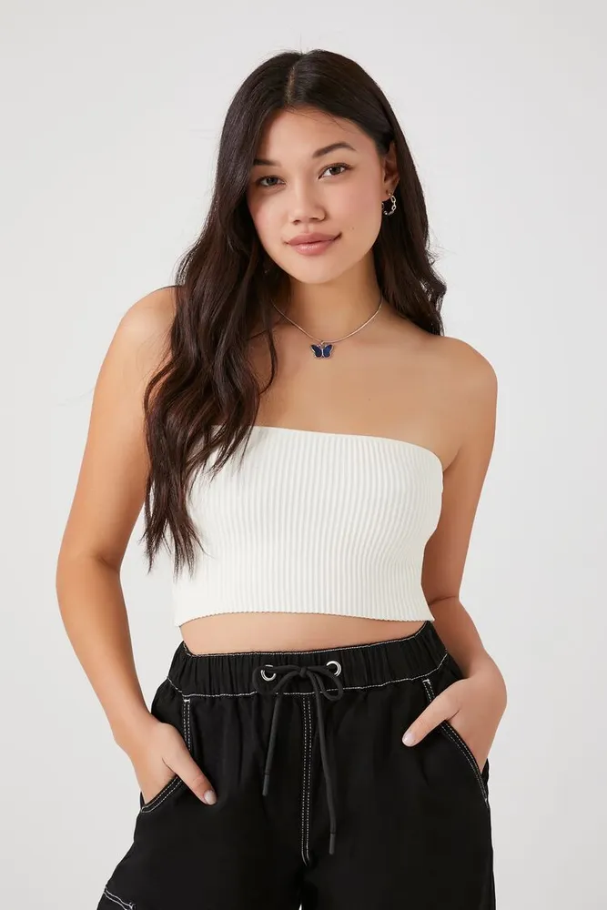 Women's Sweater-Knit Cropped Tube Top in Cream Large