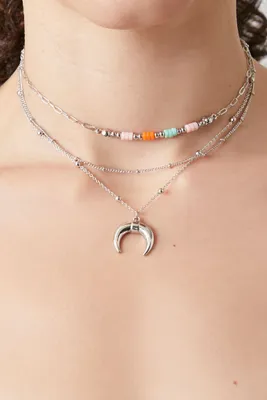 Women's Layered Beaded Crescent Necklace in Silver