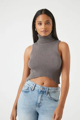 Women's Sweater-Knit Turtleneck Crop Top in Dark Grey Large