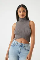 Women's Sweater-Knit Turtleneck Crop Top in Dark Grey Large