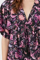 Women's Floral Print Ruffle Mini Dress in Black Large