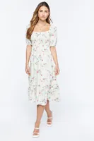 Women's Floral Smocked Puff-Sleeve Midi Dress in Ivory Small