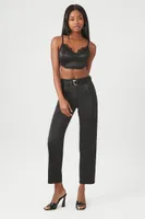 Women's Satin Belted Straight-Leg Pants in Black, XL