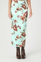 Women's Satin Floral Print Maxi Skirt in Green Small