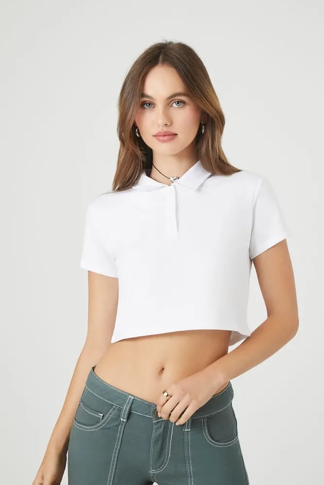 Women's Cropped Terry Cloth Polo Shirt in White Large