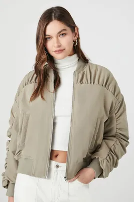 Women's Ruched Bomber Jacket in Light Olive, XL