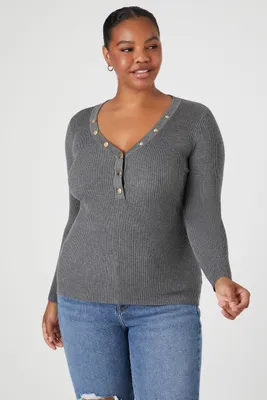 Women's Ribbed Knit Henley Top in Heather Grey, 3X